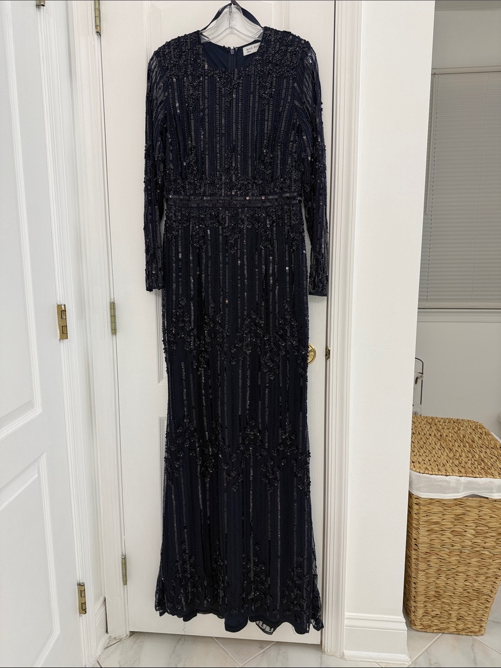 Mac Duggal Navy Beaded Long-Sleeve Maxi Gown